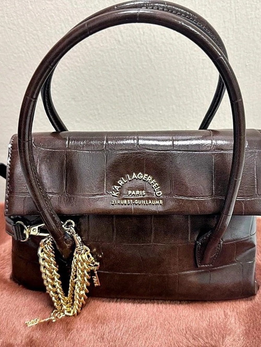 Karl Lagerfeld Paris L6GEV5FM Crocodile Embossed Satchel in Brown NWT